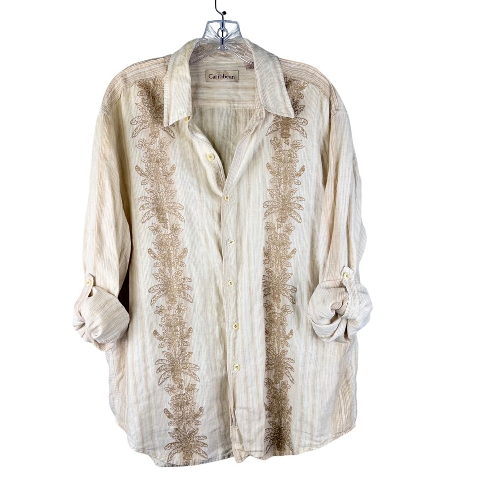 Caribbean Linen Button Down Shirt Cream Beige Striped Palm Tree Embroidered L